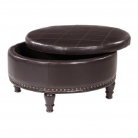 OSP Home Furnishings BP-AUOT32-B1 Augusta Round Storage Ottoman in Espresso Bonded Leather with Decorative Nailheads
